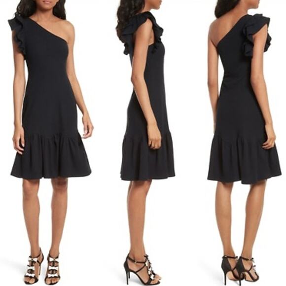 Rebecca Taylor Dresses & Skirts - Rebecca Taylor Black One Shoulder Ribbed Knit Mini Dress Ruffle EUC Small